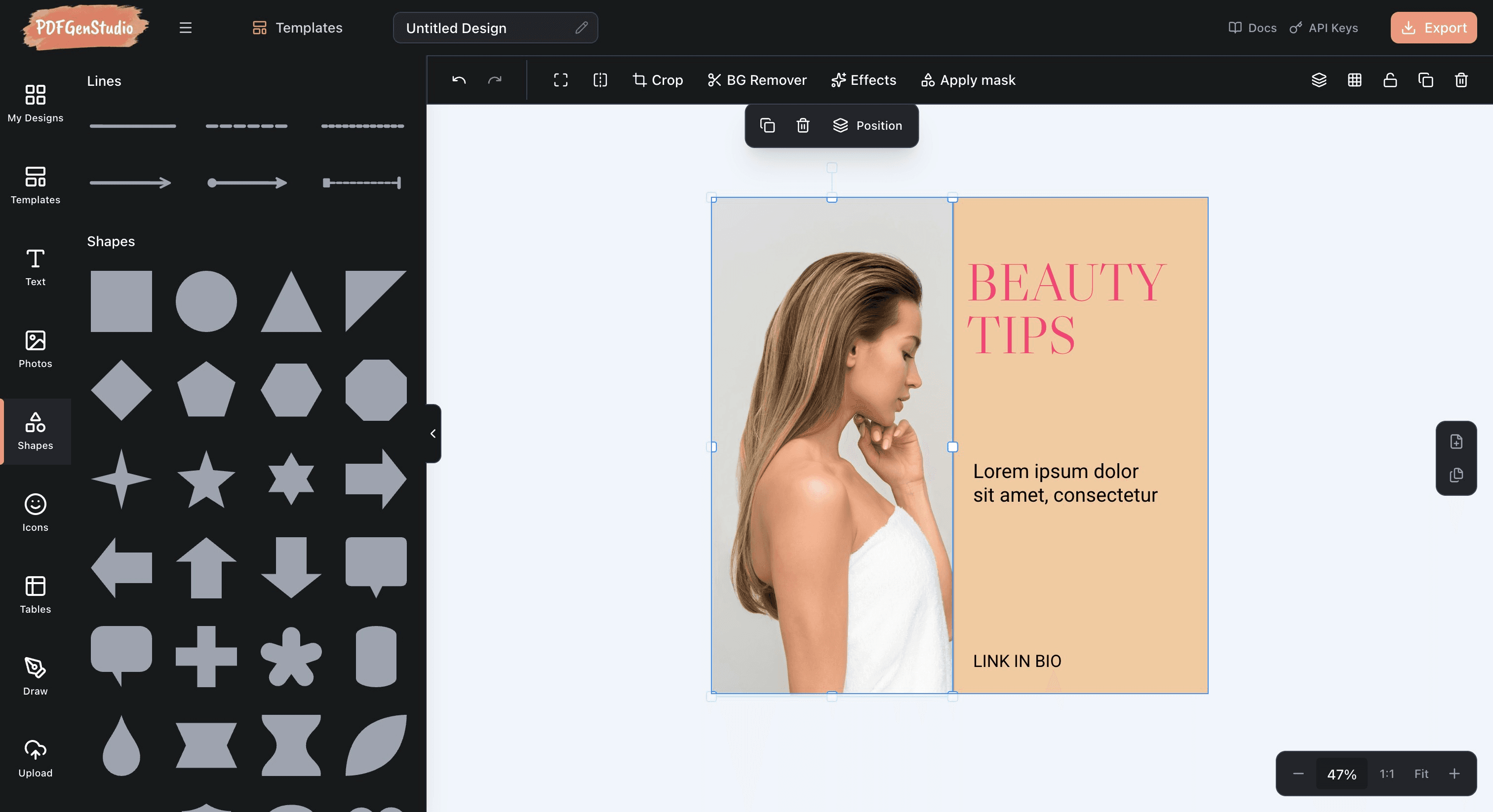 PDFGenStudio rich text editor with font selection, text styling, and dynamic placeholder support