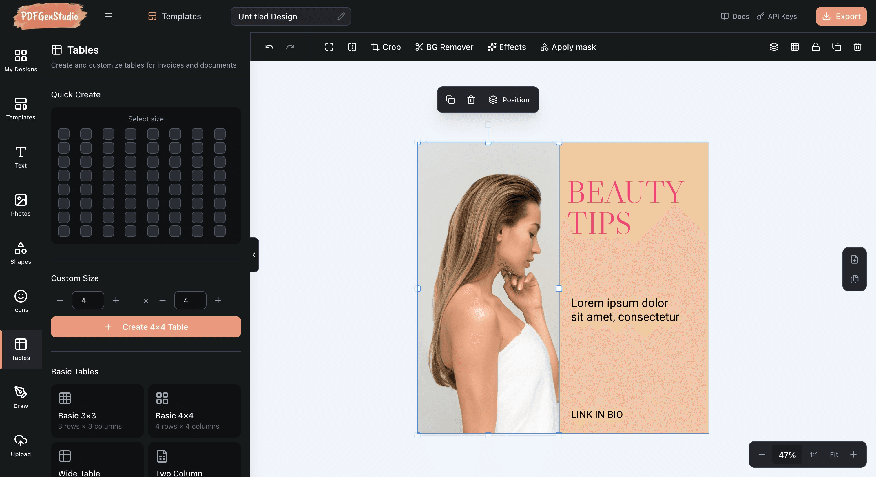 PDFGenStudio shapes and graphics panel with rectangles, circles, lines, and custom SVG support