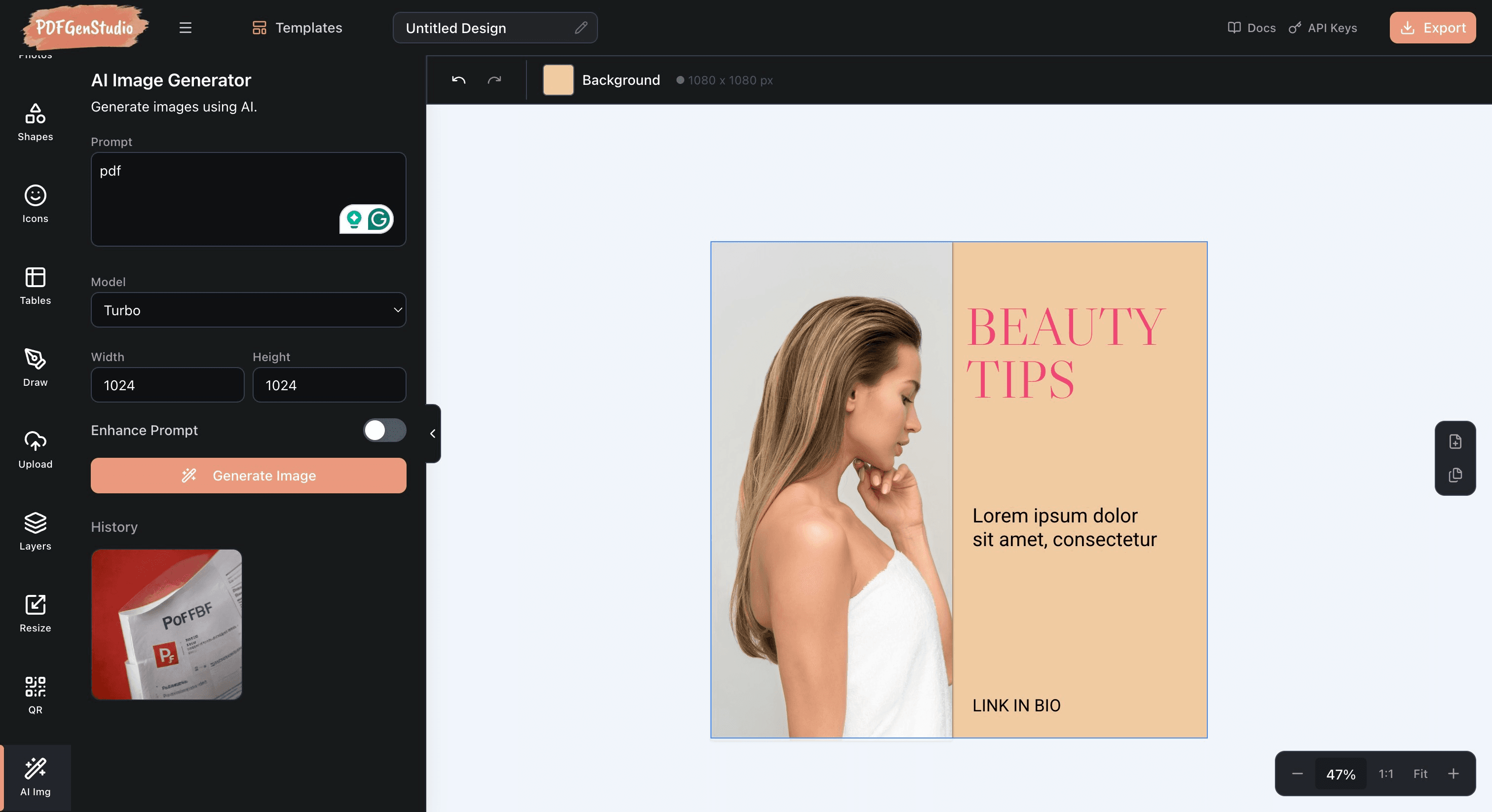 PDFGenStudio export options showing PDF, PNG, and JPG output formats with quality settings