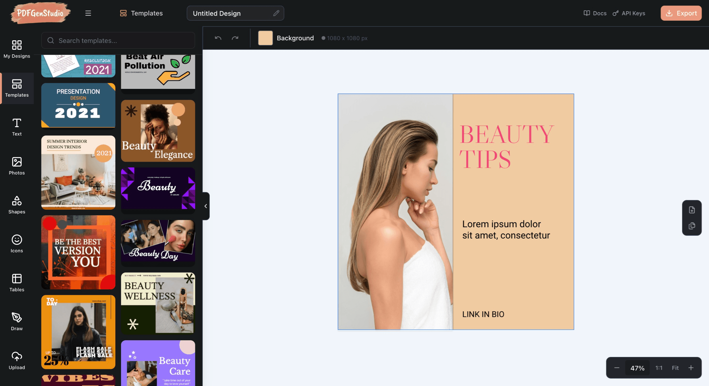 PDFGenStudio visual editor interface with drag-and-drop canvas, layers panel, and design tools for creating PDF templates